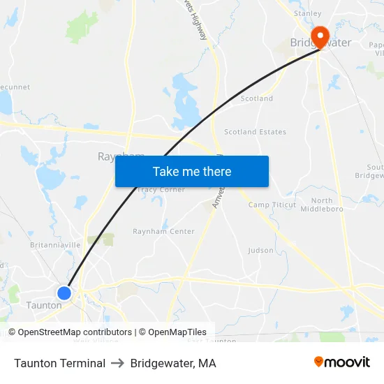 Taunton Terminal to Bridgewater, MA map