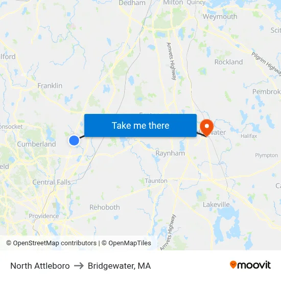 North Attleboro to Bridgewater, MA map
