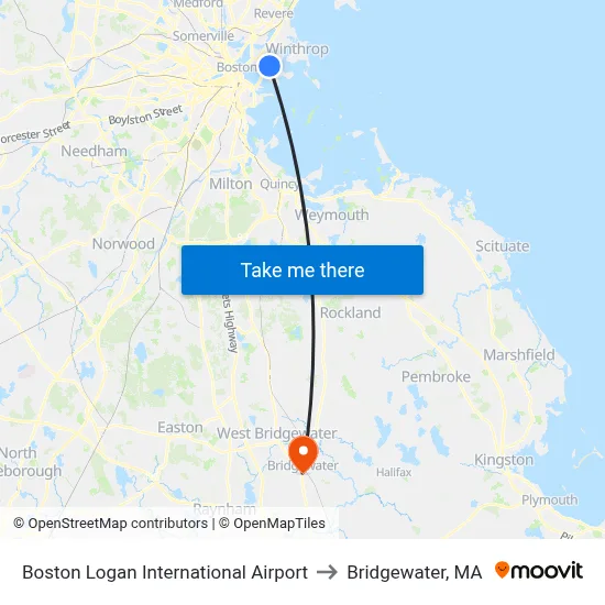 Boston Logan International Airport to Bridgewater, MA map