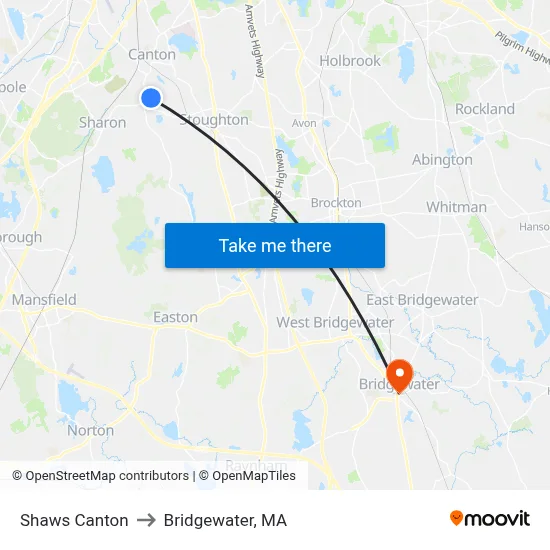 Shaws Canton to Bridgewater, MA map