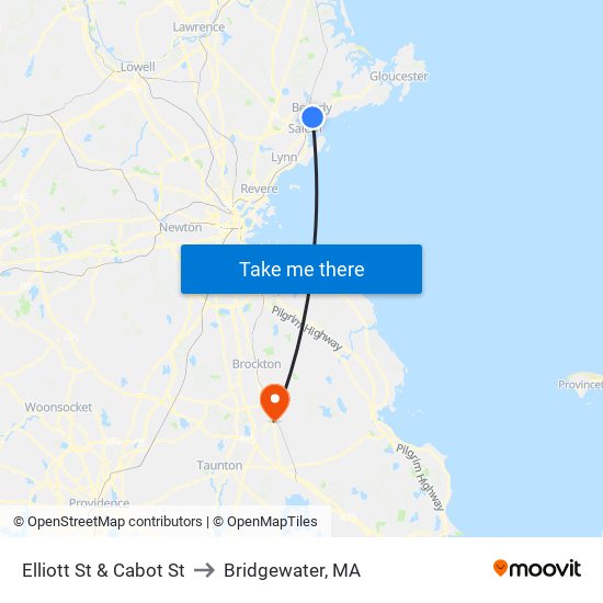 Elliott St & Cabot St to Bridgewater, MA map