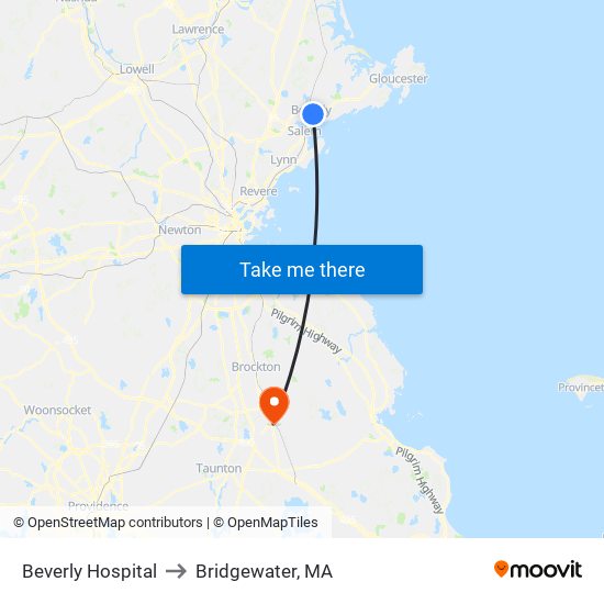 Beverly Hospital to Bridgewater, MA map
