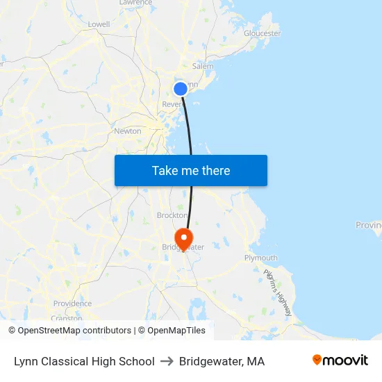 Lynn Classical High School to Bridgewater, MA map