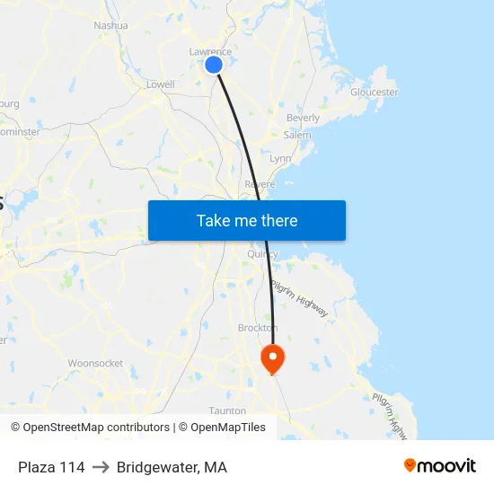 Plaza 114 to Bridgewater, MA map