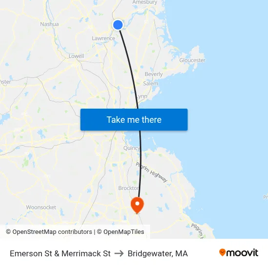 Emerson St & Merrimack St to Bridgewater, MA map
