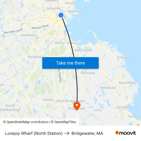 Lovejoy Wharf (North Station) to Bridgewater, MA map