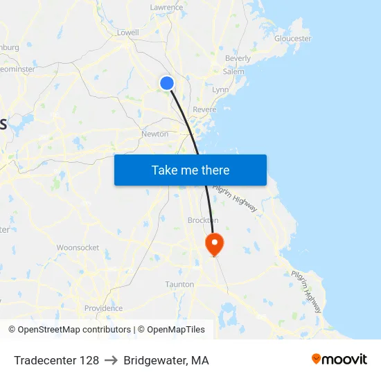 Tradecenter 128 to Bridgewater, MA map