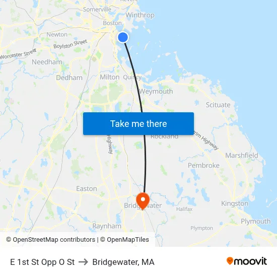 E 1st St Opp O St to Bridgewater, MA map