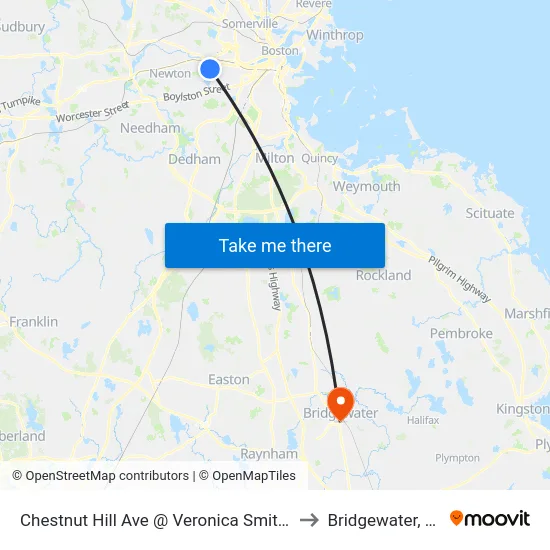 Chestnut Hill Ave @ Veronica Smith Ctr to Bridgewater, MA map