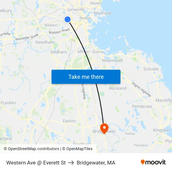 Western Ave @ Everett St to Bridgewater, MA map
