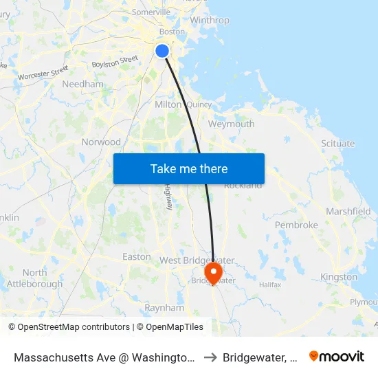 Massachusetts Ave @ Washington St to Bridgewater, MA map