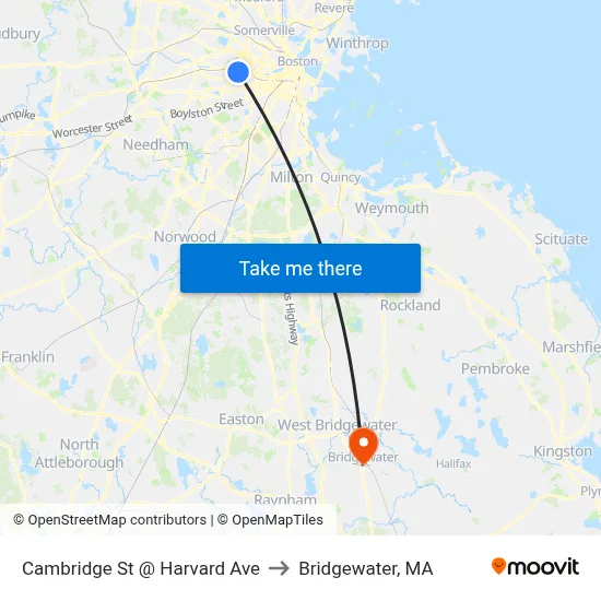 Cambridge St @ Harvard Ave to Bridgewater, MA map
