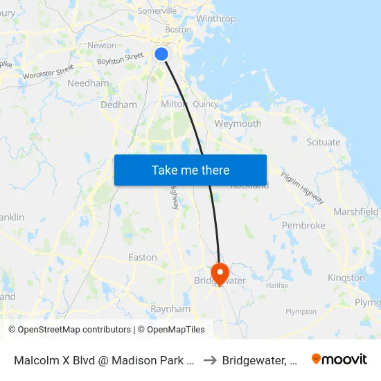 Malcolm X Blvd @ Madison Park Hs to Bridgewater, MA map