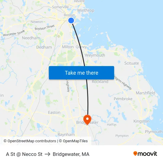 A St @ Necco St to Bridgewater, MA map