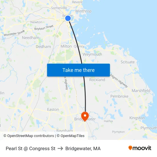 Pearl St @ Congress St to Bridgewater, MA map