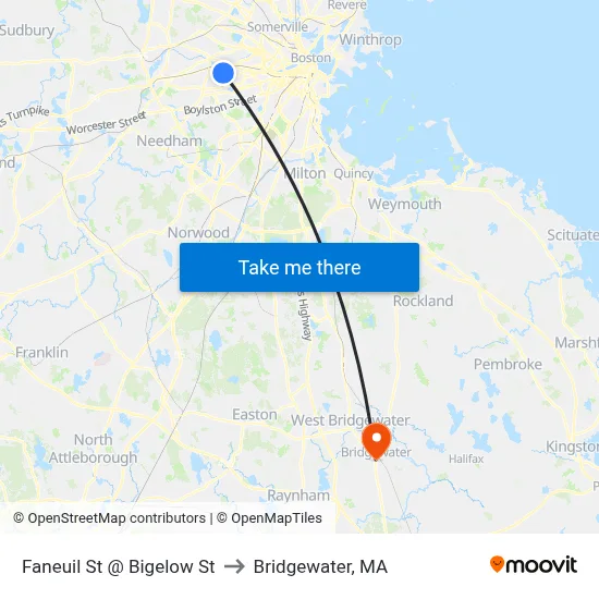 Faneuil St @ Bigelow St to Bridgewater, MA map