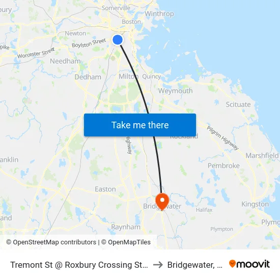Tremont St @ Roxbury Crossing Station to Bridgewater, MA map