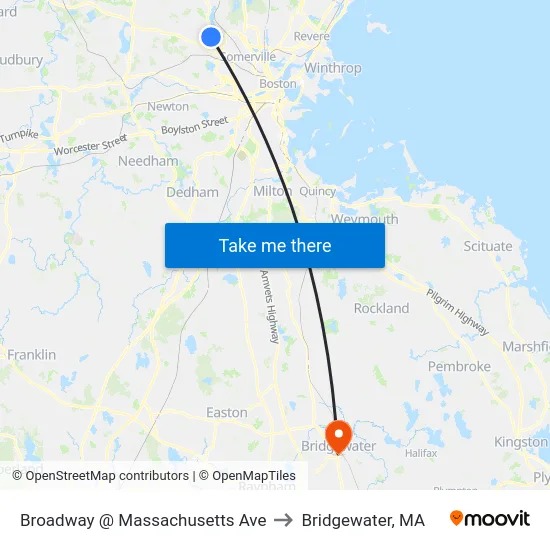 Broadway @ Massachusetts Ave to Bridgewater, MA map