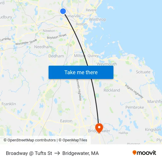 Broadway @ Tufts St to Bridgewater, MA map