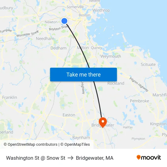 Washington St @ Snow St to Bridgewater, MA map