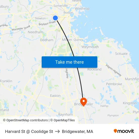 Harvard St @ Coolidge St to Bridgewater, MA map