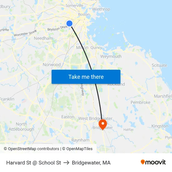 Harvard St @ School St to Bridgewater, MA map