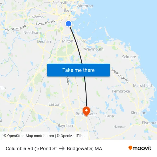 Columbia Rd @ Pond St to Bridgewater, MA map