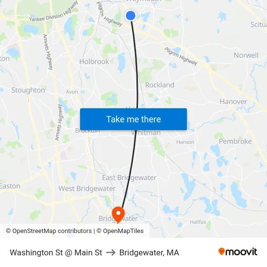 Washington St @ Main St to Bridgewater, MA map