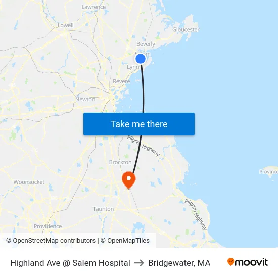 Highland Ave @ Salem Hospital to Bridgewater, MA map