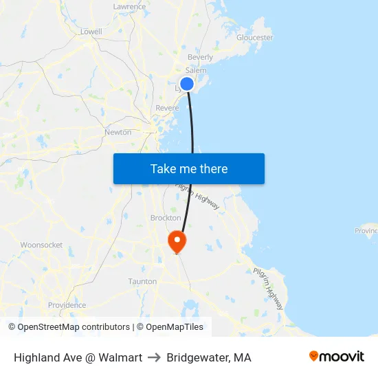 Highland Ave @ Walmart to Bridgewater, MA map