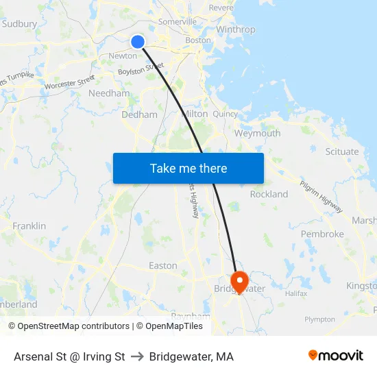 Arsenal St @ Irving St to Bridgewater, MA map
