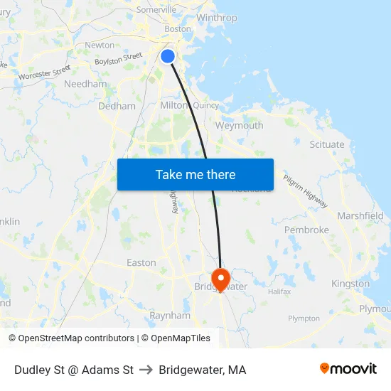 Dudley St @ Adams St to Bridgewater, MA map