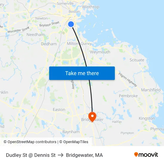 Dudley St @ Dennis St to Bridgewater, MA map