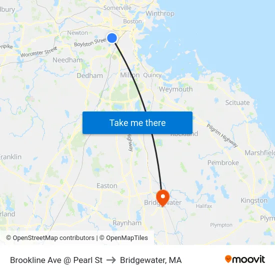 Brookline Ave @ Pearl St to Bridgewater, MA map