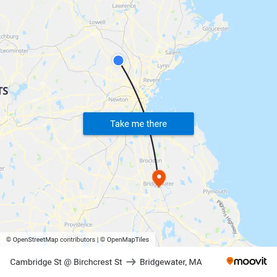 Cambridge St @ Birchcrest St to Bridgewater, MA map
