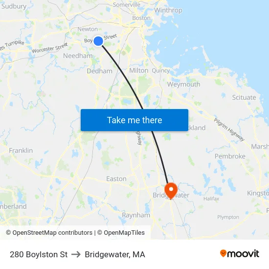 280 Boylston St to Bridgewater, MA map