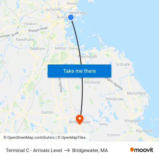 Terminal C - Arrivals Level to Bridgewater, MA map