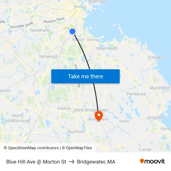 Blue Hill Ave @ Morton St to Bridgewater, MA map