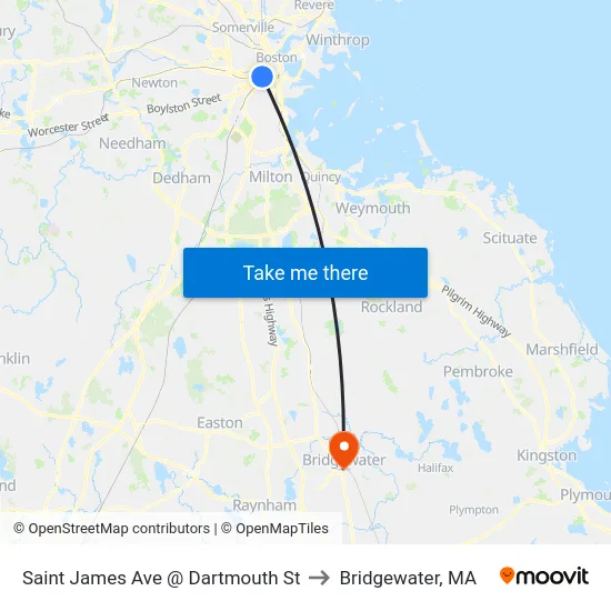 Saint James Ave @ Dartmouth St to Bridgewater, MA map
