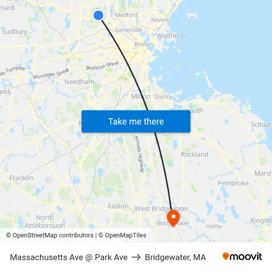 Massachusetts Ave @ Park Ave to Bridgewater, MA map