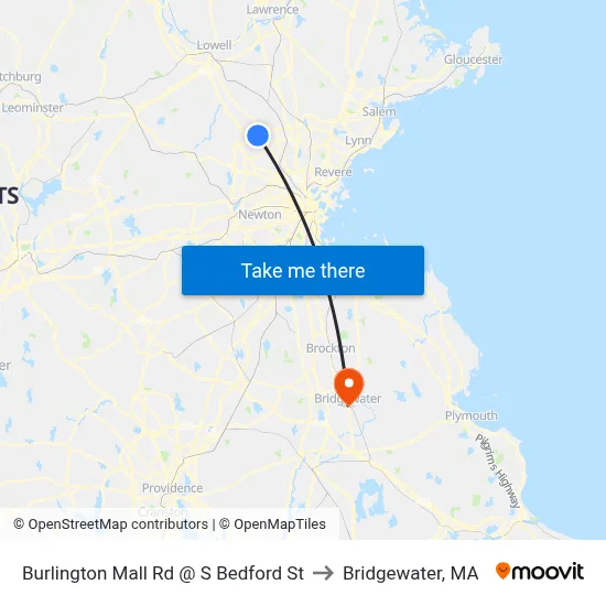 Burlington Mall Rd @ S Bedford St to Bridgewater, MA map