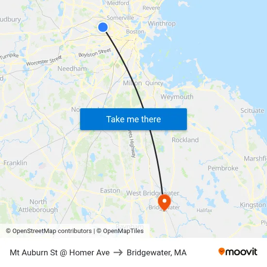 Mt Auburn St @ Homer Ave to Bridgewater, MA map