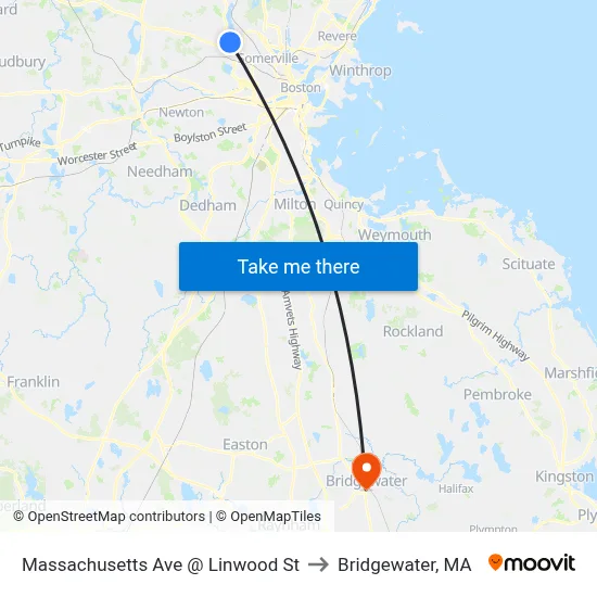 Massachusetts Ave @ Linwood St to Bridgewater, MA map