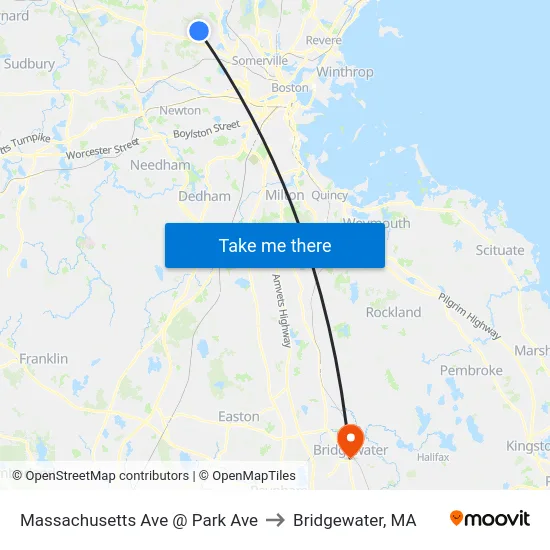 Massachusetts Ave @ Park Ave to Bridgewater, MA map