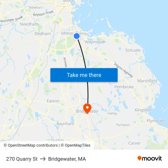 270 Quarry St to Bridgewater, MA map