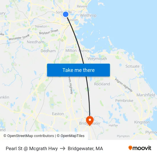 Pearl St @ Mcgrath Hwy to Bridgewater, MA map