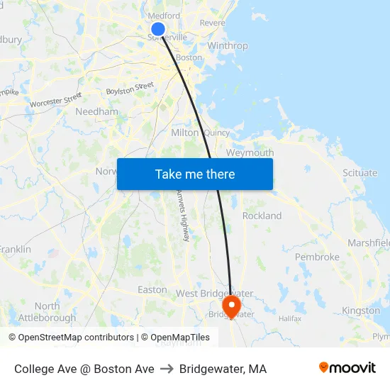 College Ave @ Boston Ave to Bridgewater, MA map