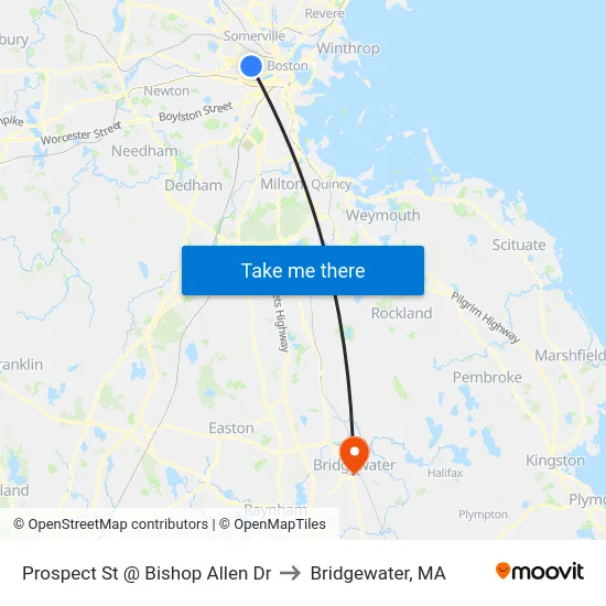 Prospect St @ Bishop Allen Dr to Bridgewater, MA map