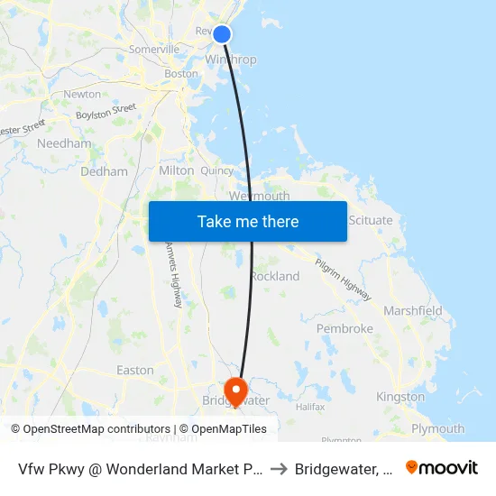 Vfw Pkwy @ Wonderland Market Place to Bridgewater, MA map