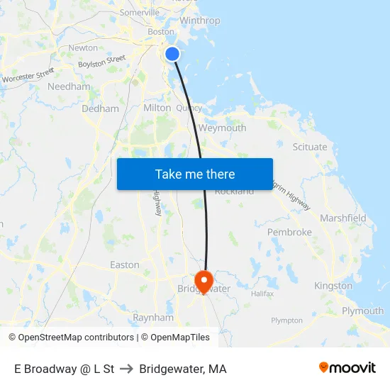 E Broadway @ L St to Bridgewater, MA map